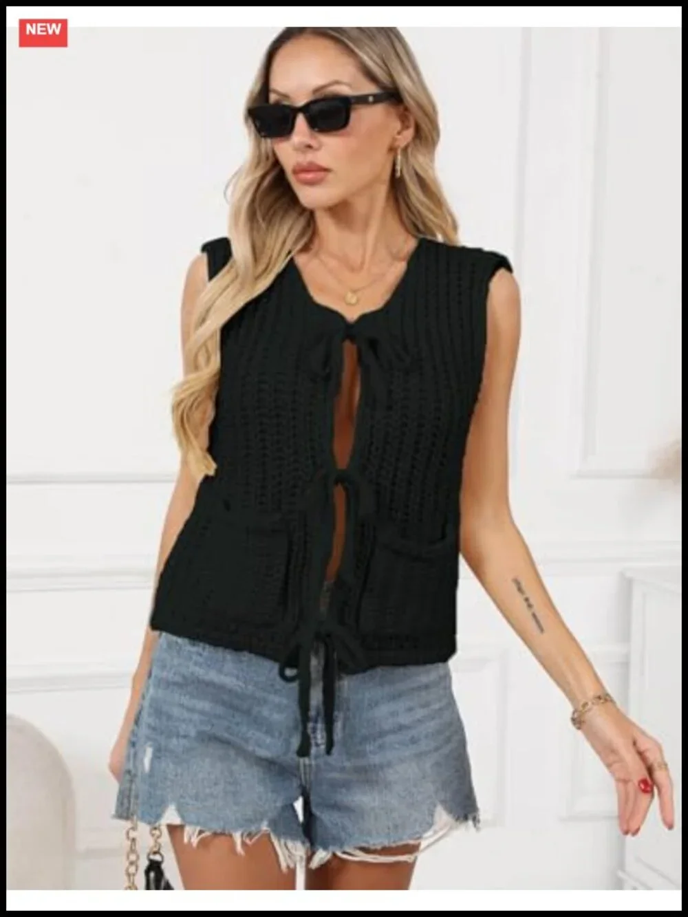 Crochet Knit Sleeveless Cardigan Sweater Vest with Pockets Bows